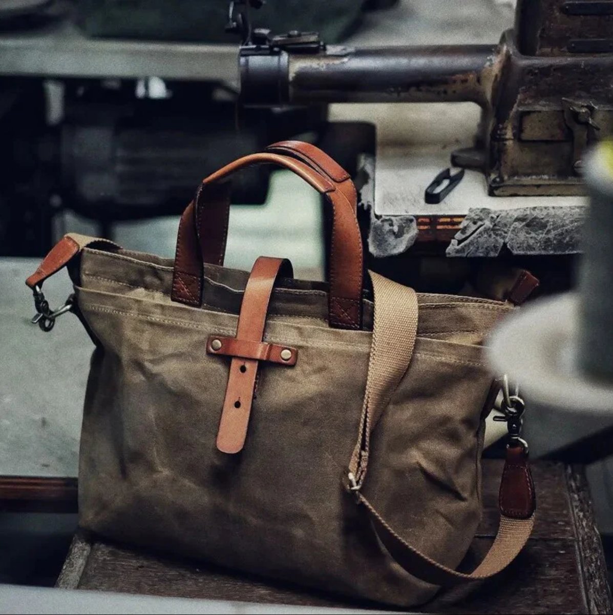 Unisex Waxed Canvas Tote Bag with Leather Handles