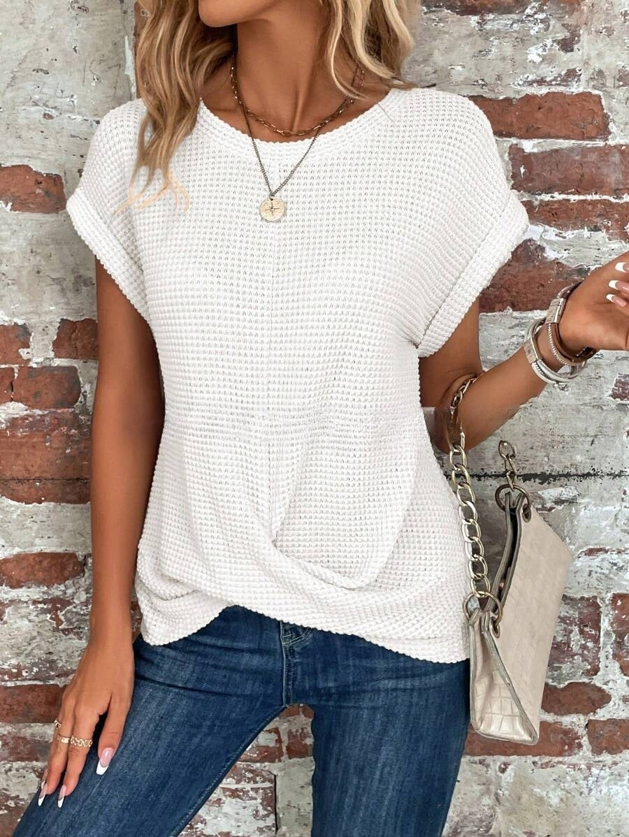 Waffle Knit Twist-Front Top with Cap Sleeves