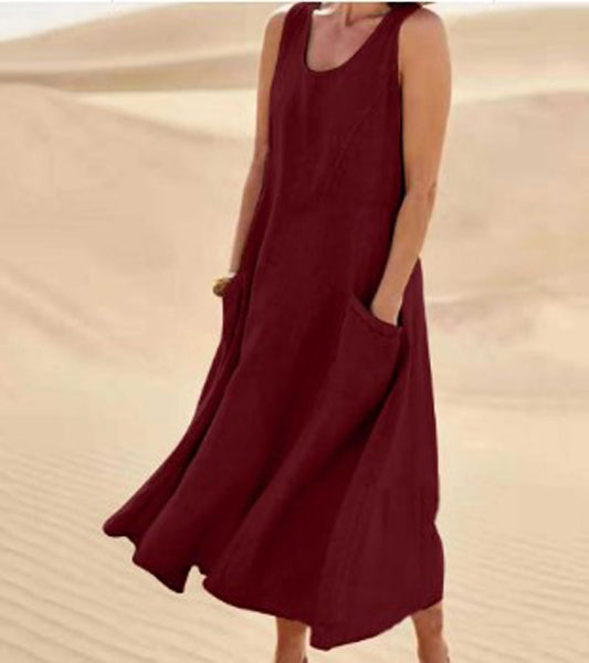Sleeveless Midi Dress with Side Pockets and A-Line Fit