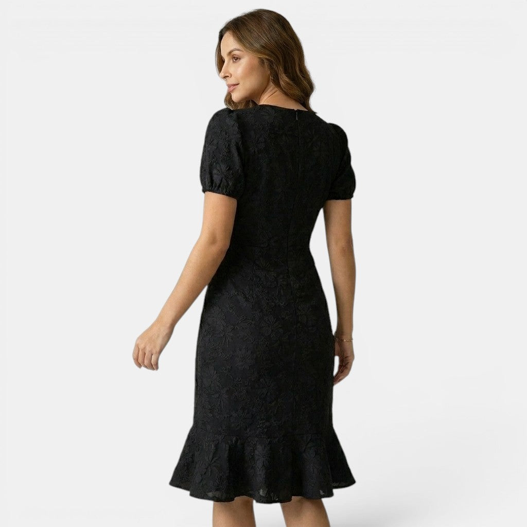 Floral Lace Midi Dress with Puff Sleeves and Ruffle Hem