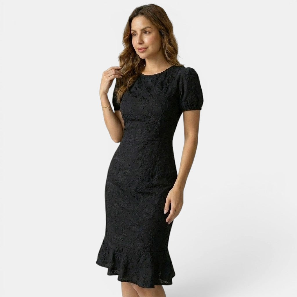 Floral Lace Midi Dress with Puff Sleeves and Ruffle Hem