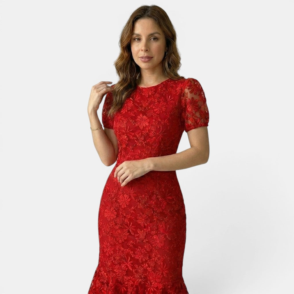 Floral Lace Midi Dress with Puff Sleeves and Ruffle Hem