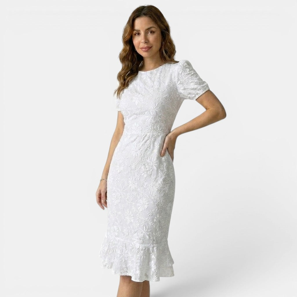 Floral Lace Midi Dress with Puff Sleeves and Ruffle Hem