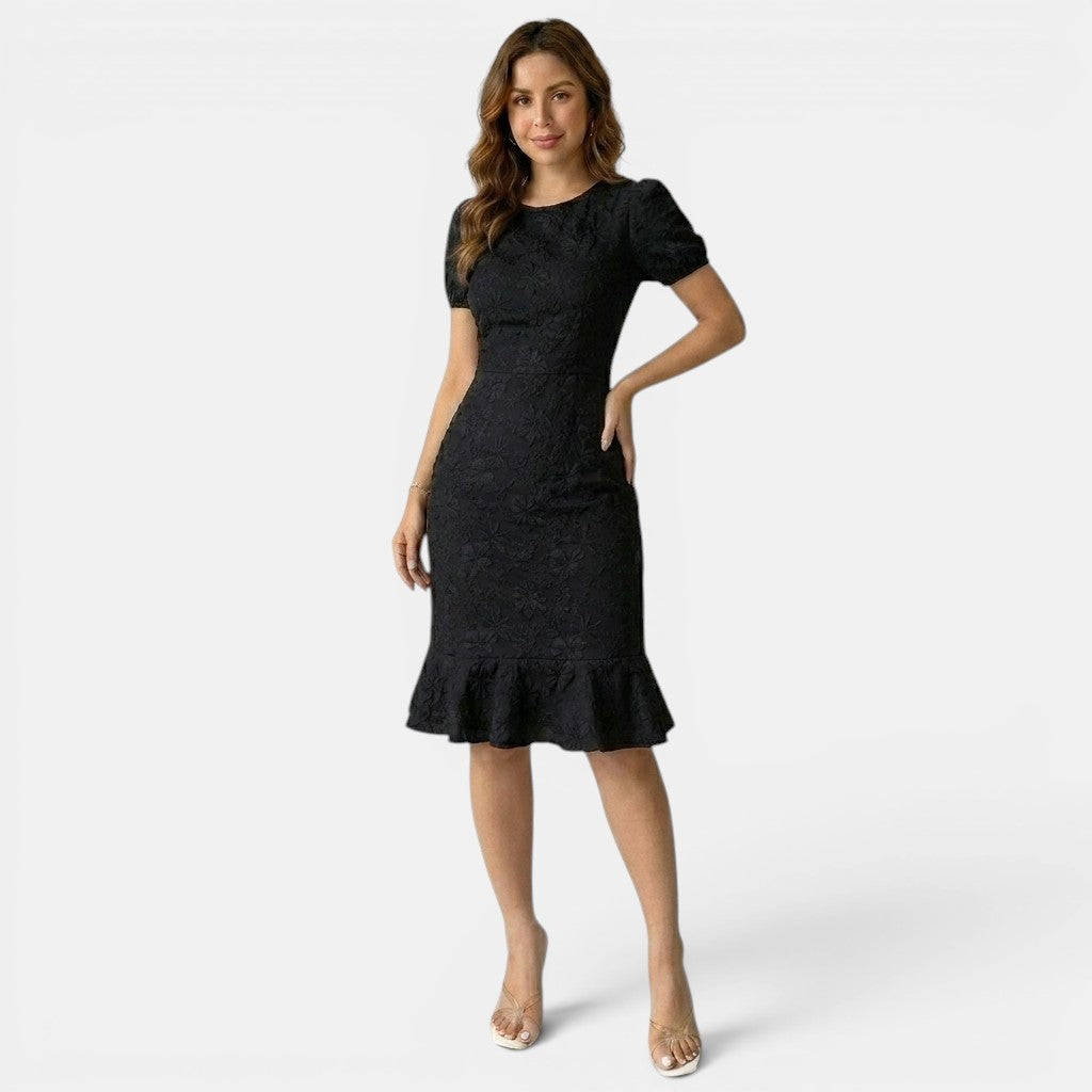 Floral Lace Midi Dress with Puff Sleeves and Ruffle Hem
