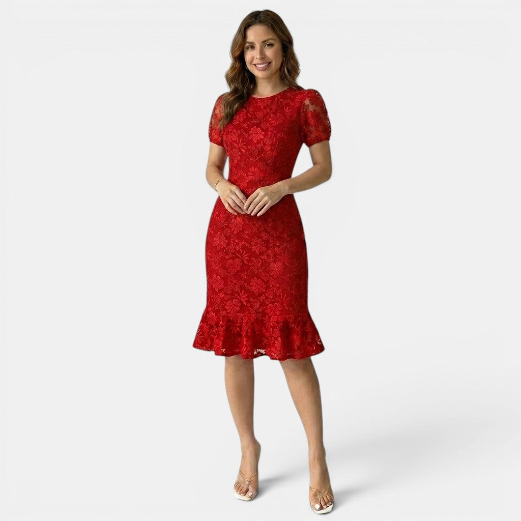 Floral Lace Midi Dress with Puff Sleeves and Ruffle Hem