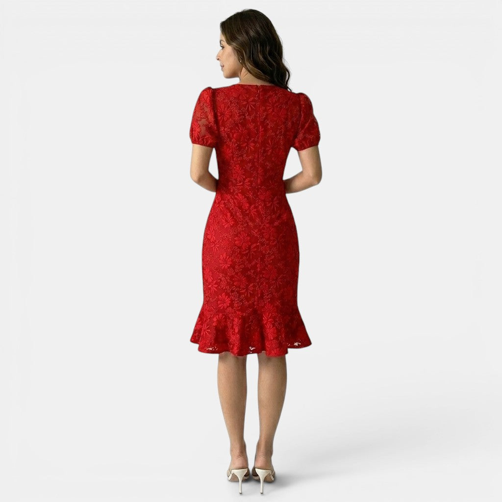 Floral Lace Midi Dress with Puff Sleeves and Ruffle Hem