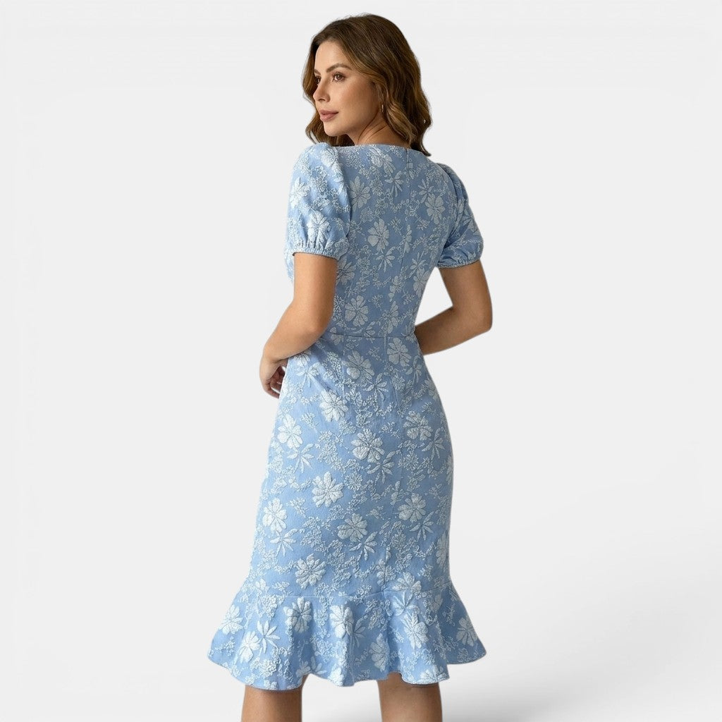 Floral Lace Midi Dress with Puff Sleeves and Ruffle Hem