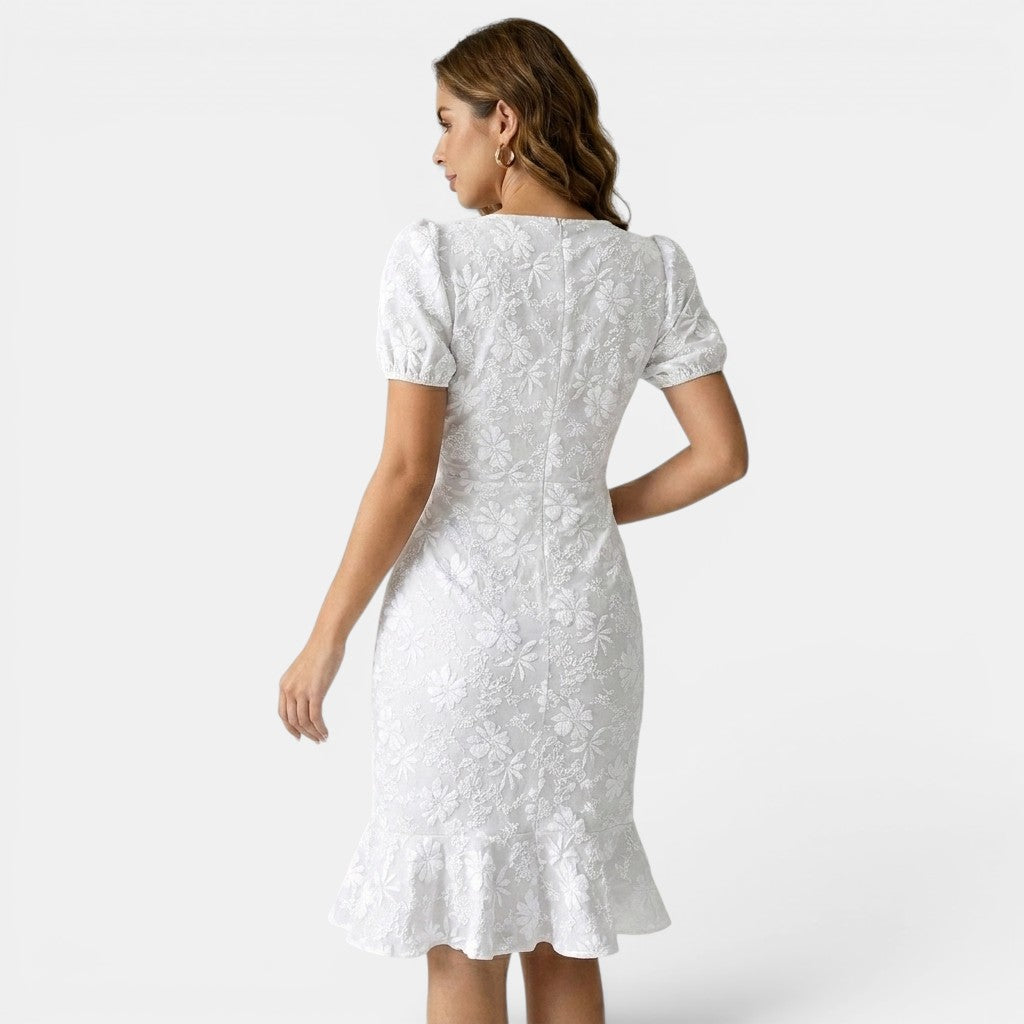 Floral Lace Midi Dress with Puff Sleeves and Ruffle Hem