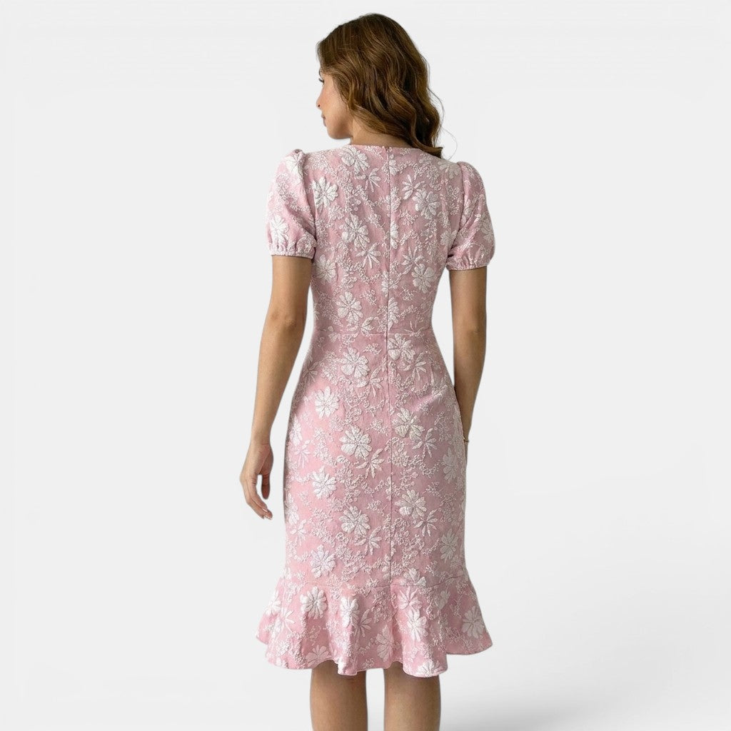 Floral Lace Midi Dress with Puff Sleeves and Ruffle Hem