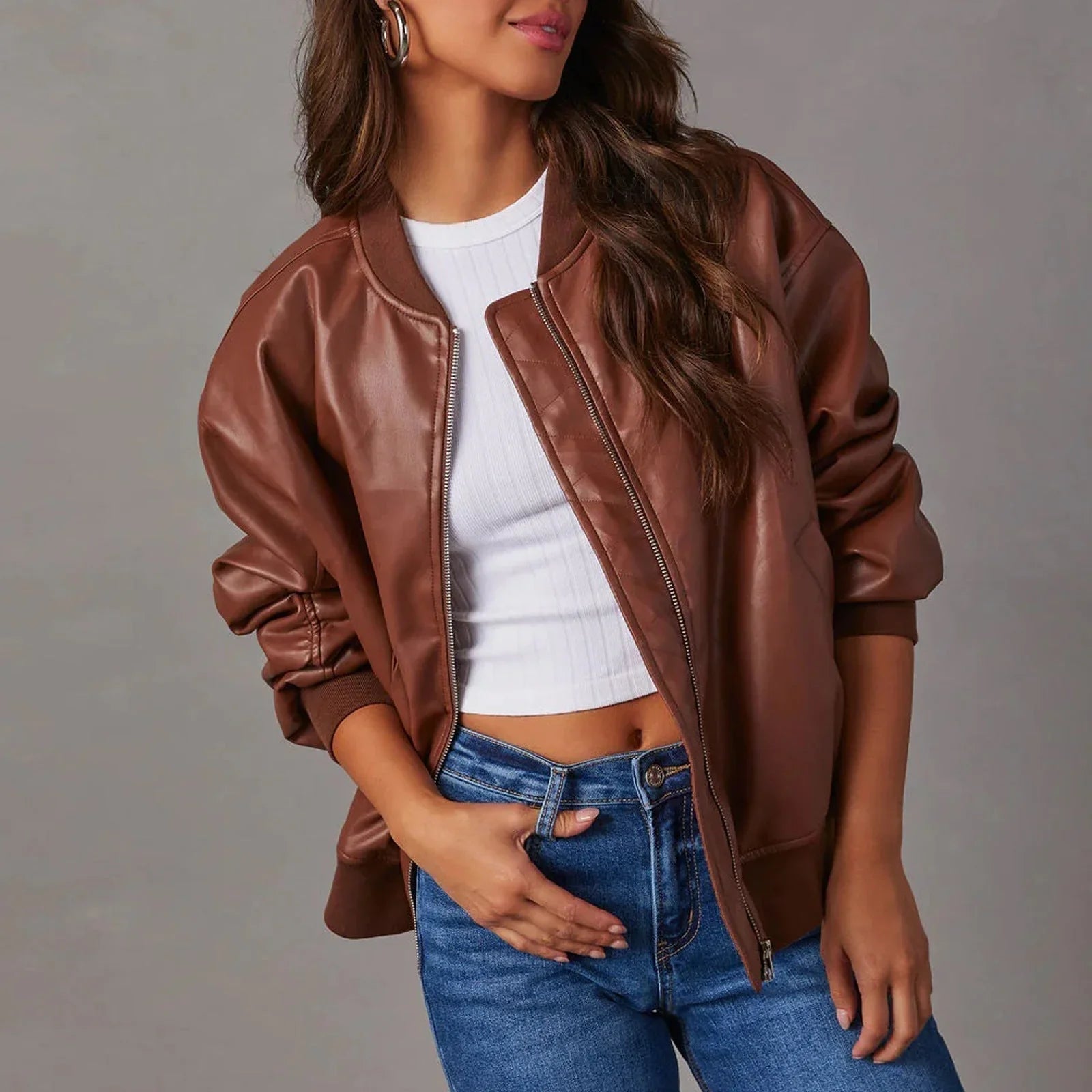 Blouson aviateur oversize pour femme, aspect cuir