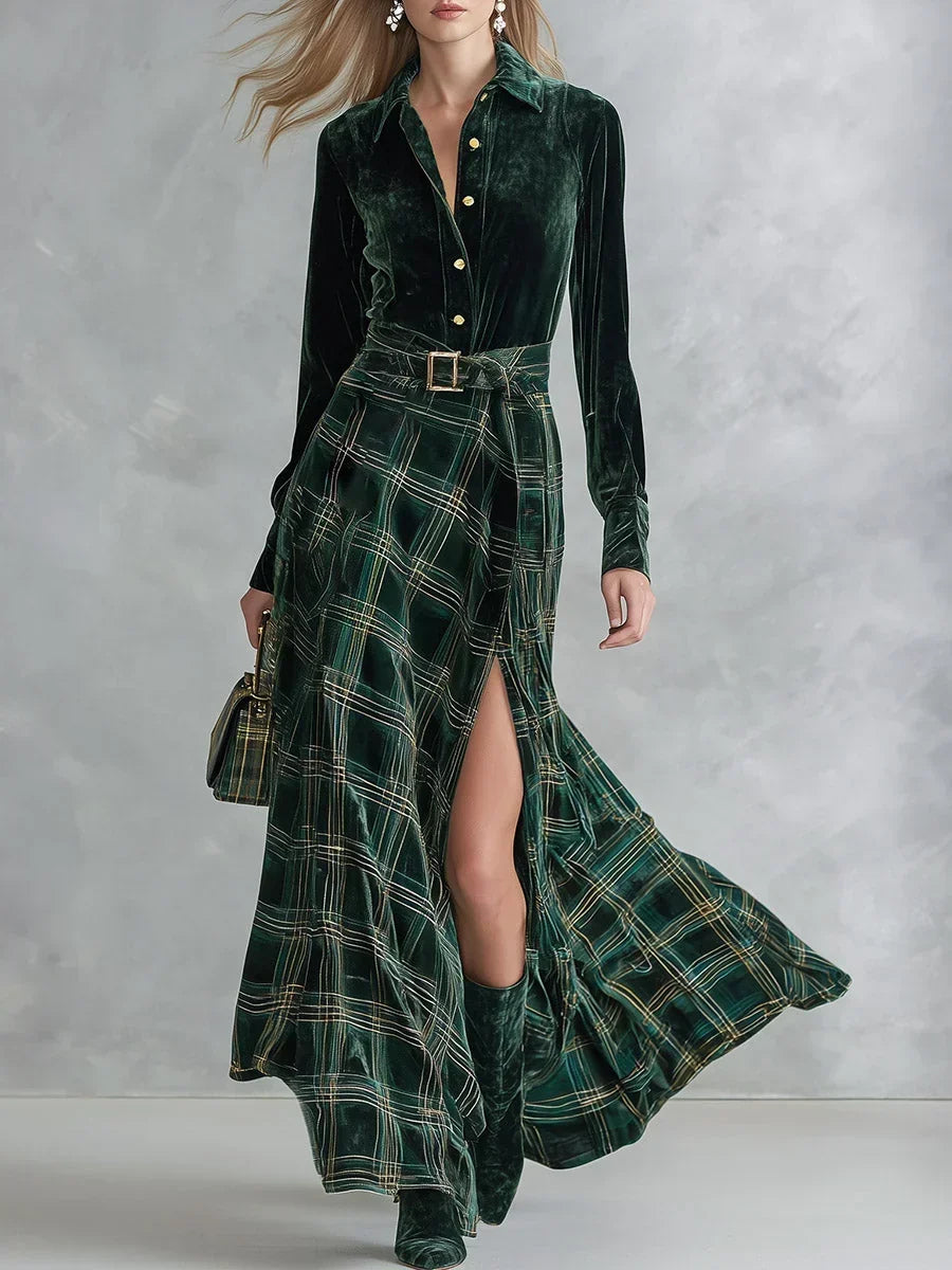 Robe longue en velours femme | Robe de soirée à carreaux avec ceinture