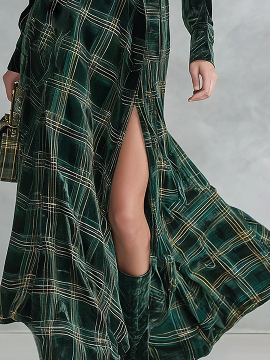 Robe longue en velours femme | Robe de soirée à carreaux avec ceinture