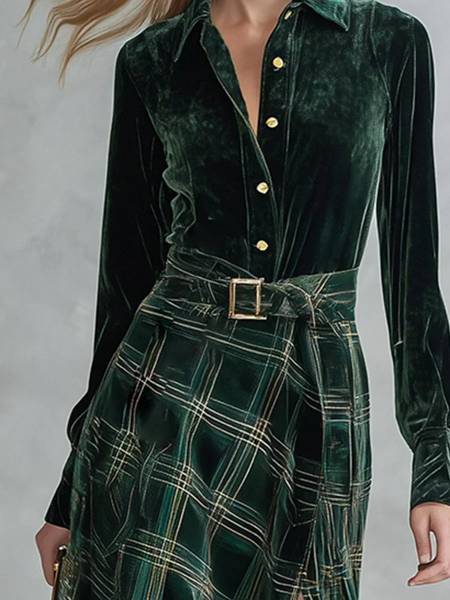 Robe longue en velours femme | Robe de soirée à carreaux avec ceinture