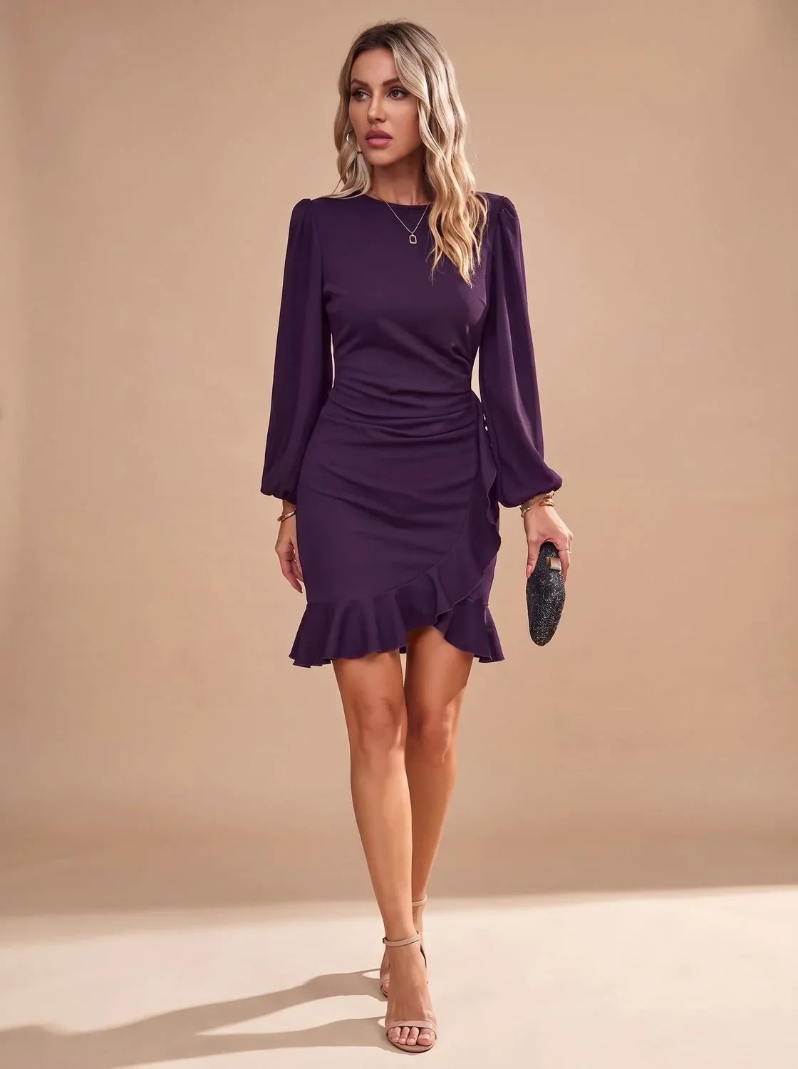 Robe de soirée de Noël femme | Mini-robe à manches longues et ourlet volanté