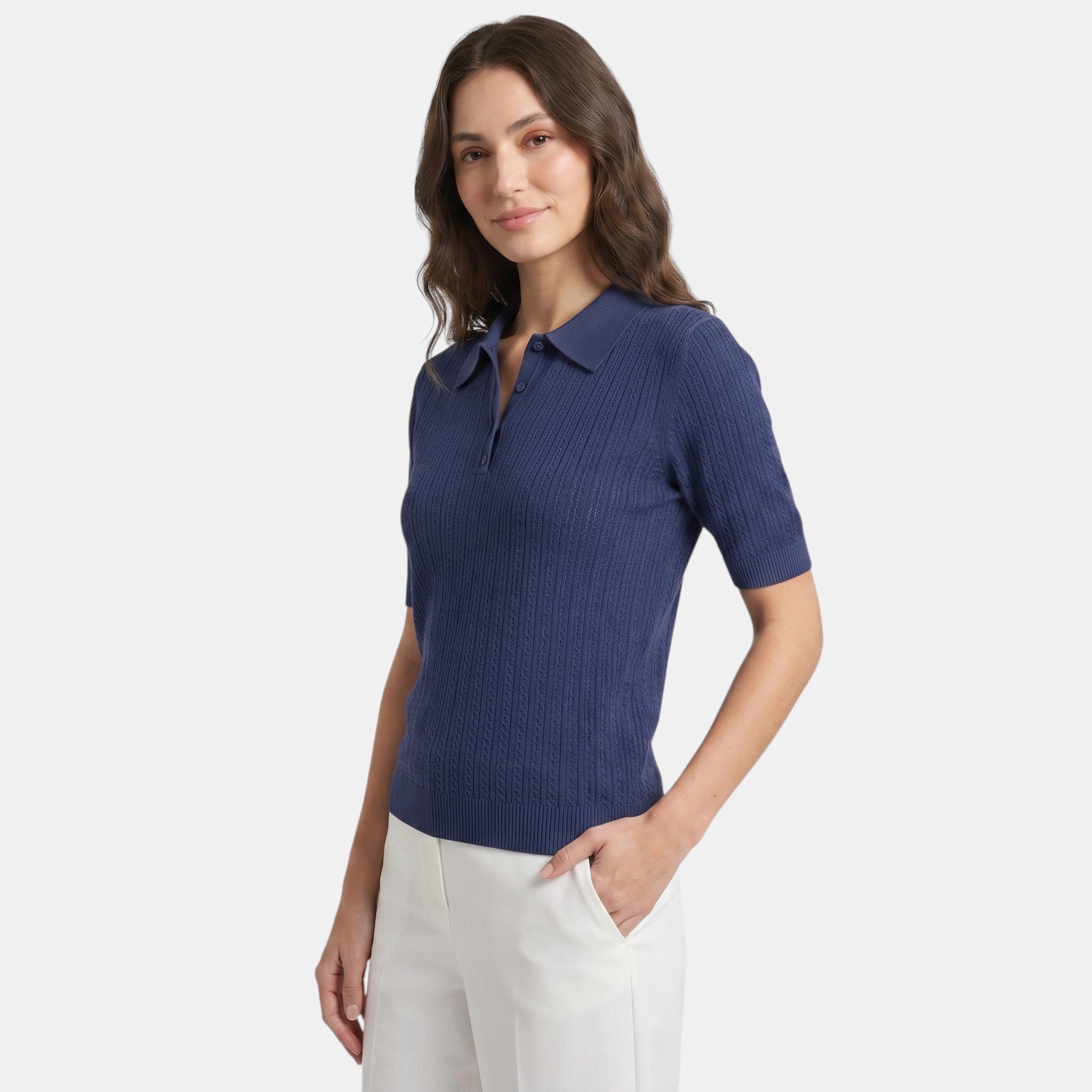 Pointelle Knit Polo Top with Button Placket