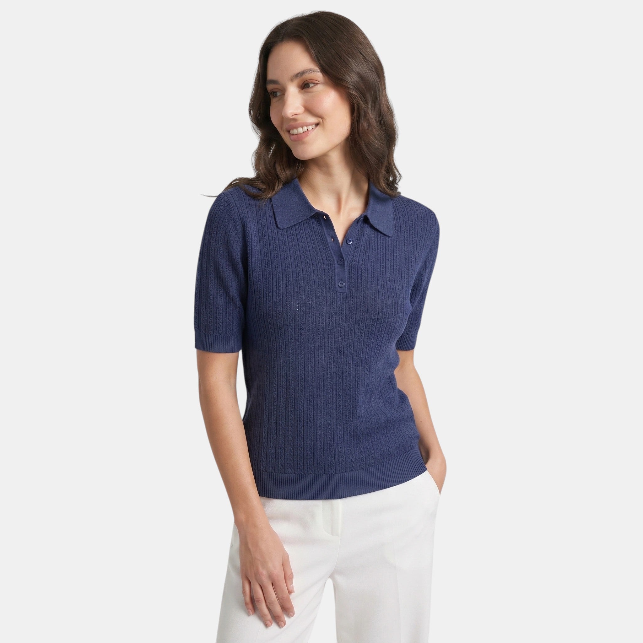 Pointelle Knit Polo Top with Button Placket