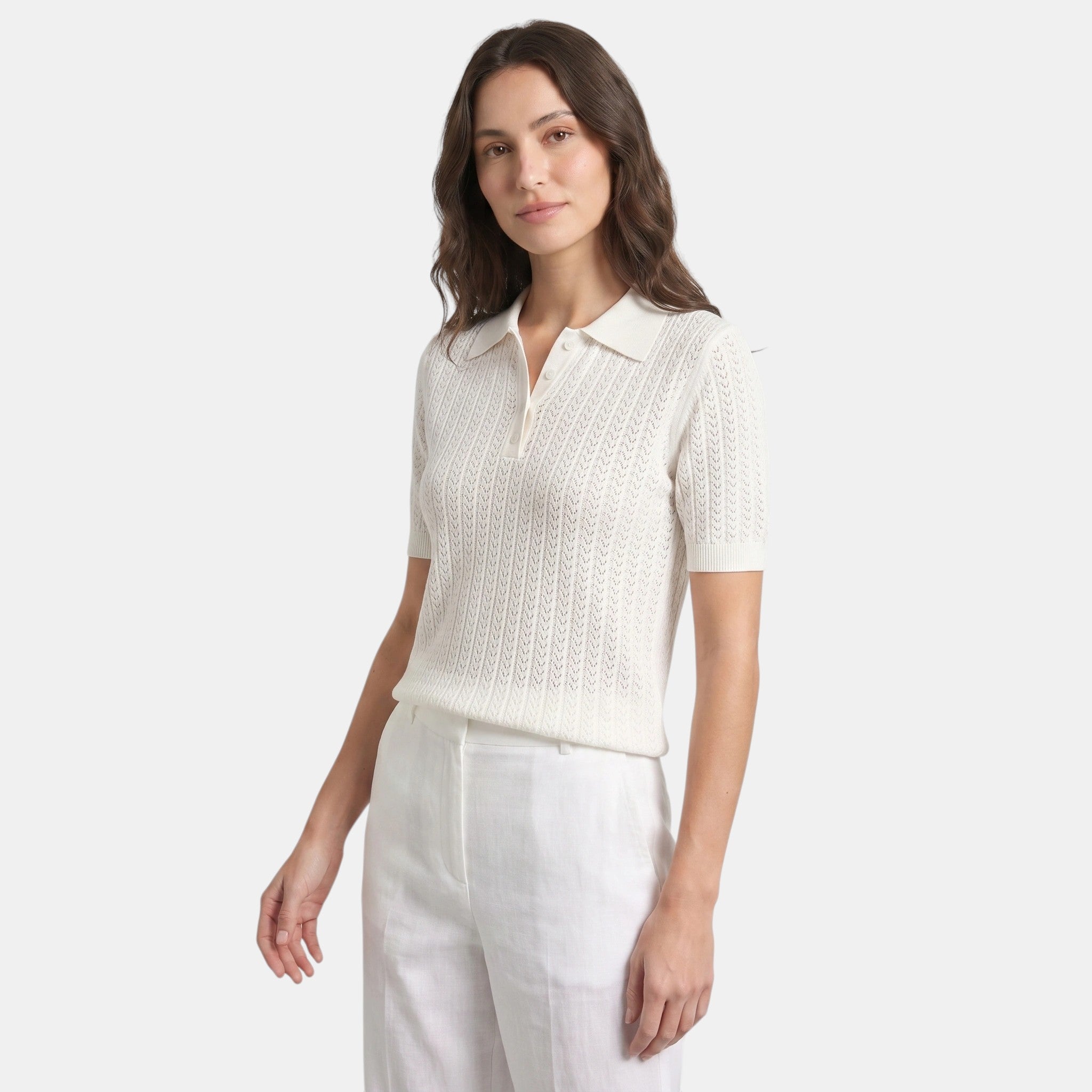 Pointelle Knit Polo Top with Button Placket