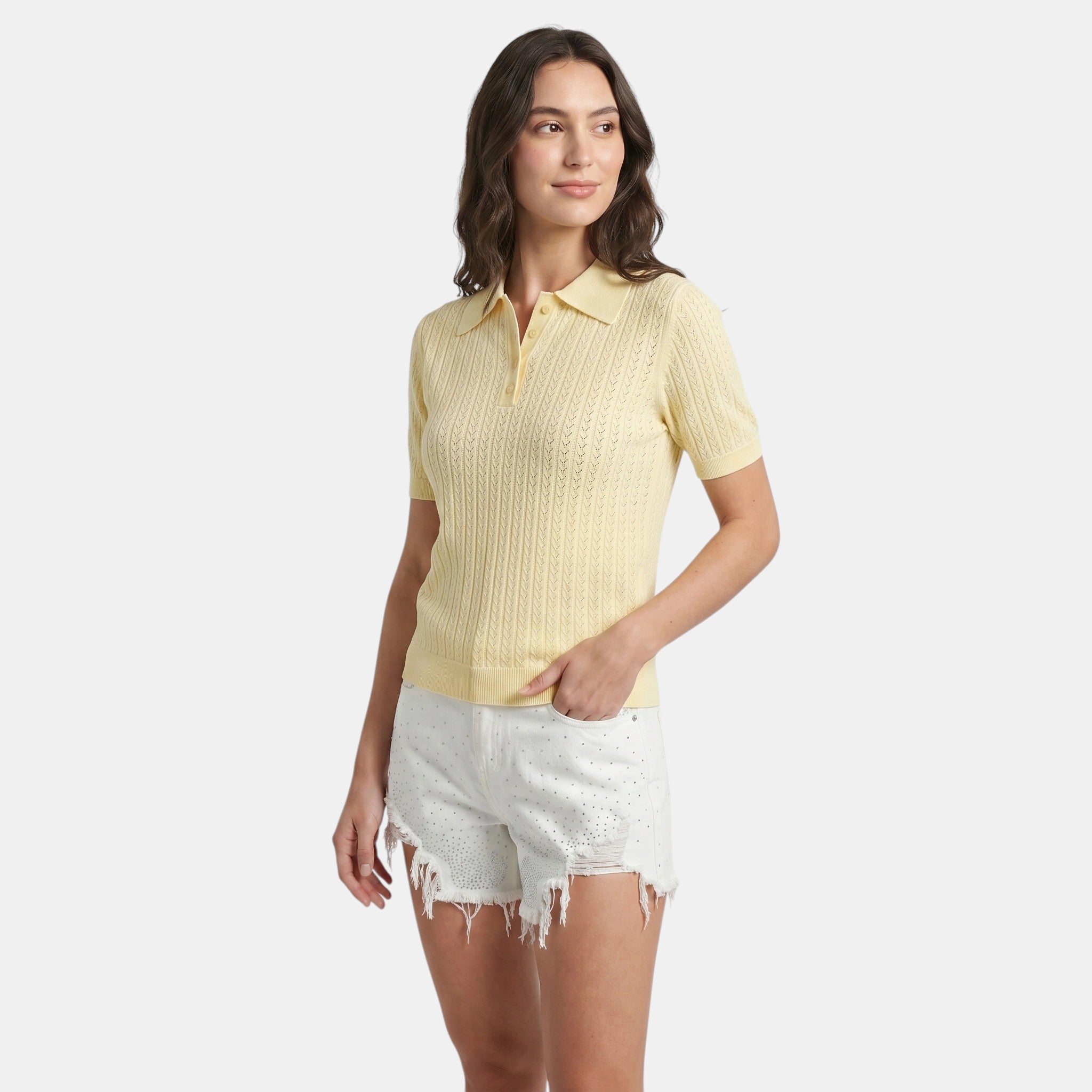 Pointelle Knit Polo Top with Button Placket