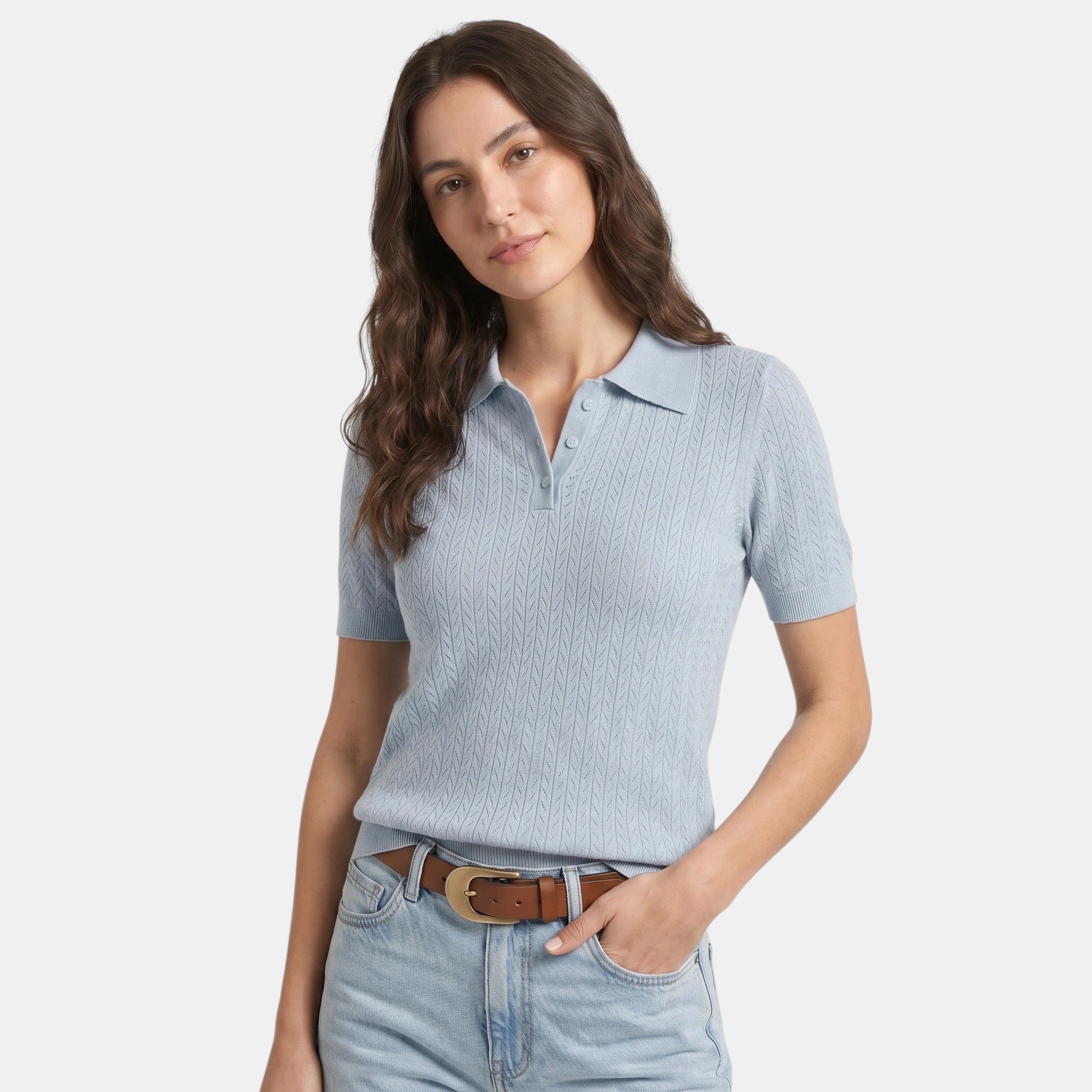 Pointelle Knit Polo Top with Button Placket