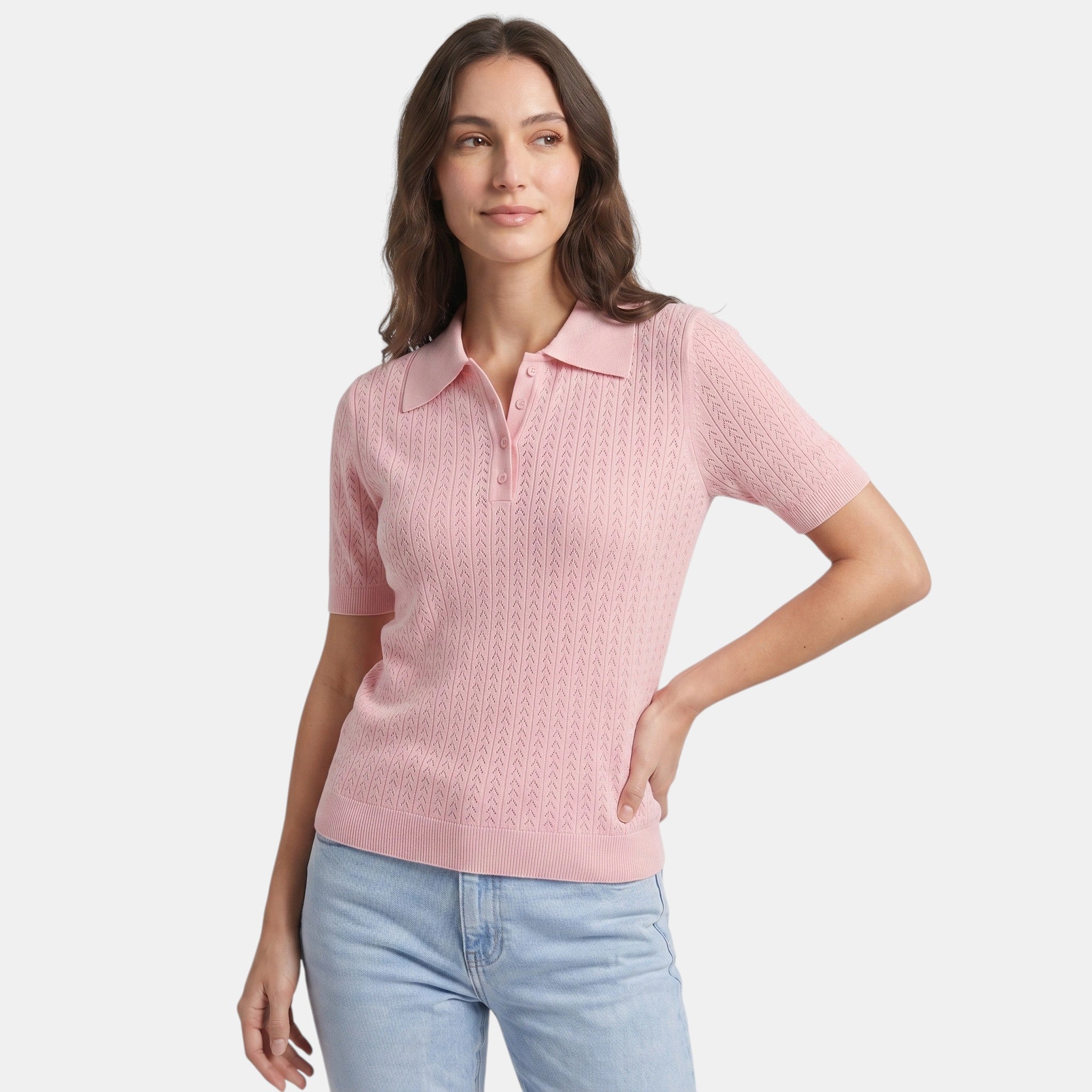 Pointelle Knit Polo Top with Button Placket