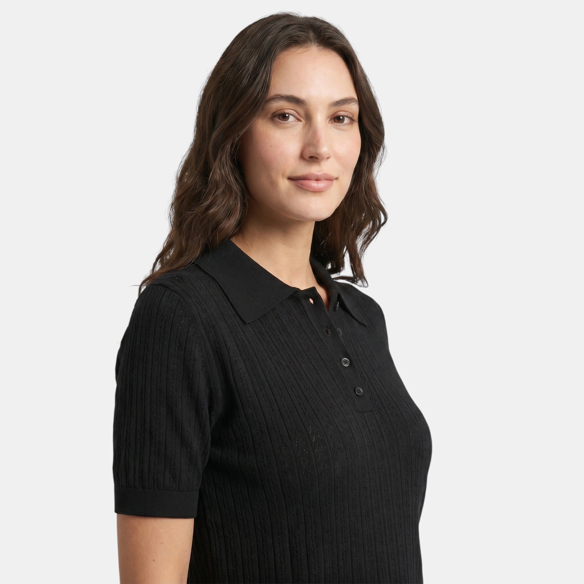 Pointelle Knit Polo Top with Button Placket