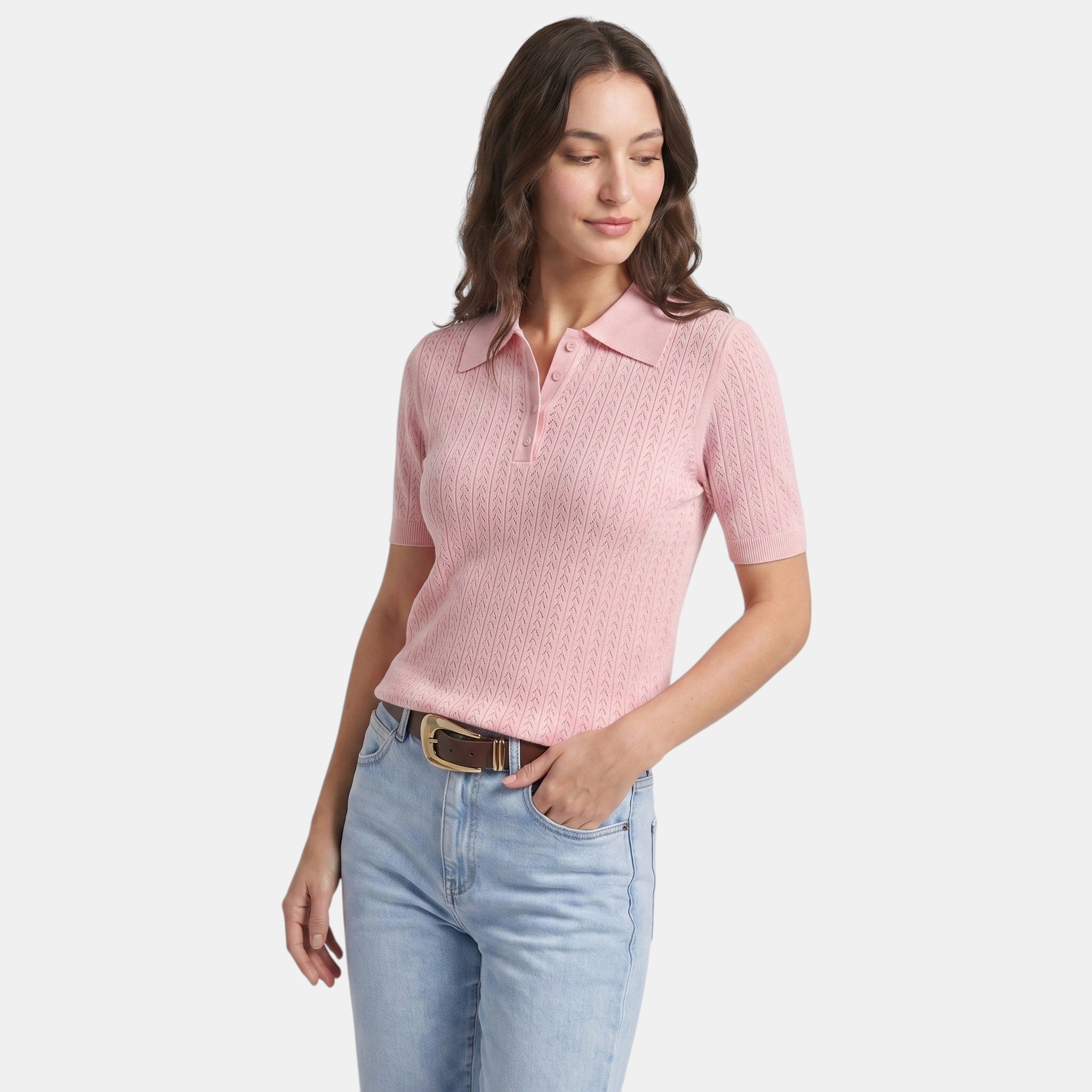 Pointelle Knit Polo Top with Button Placket