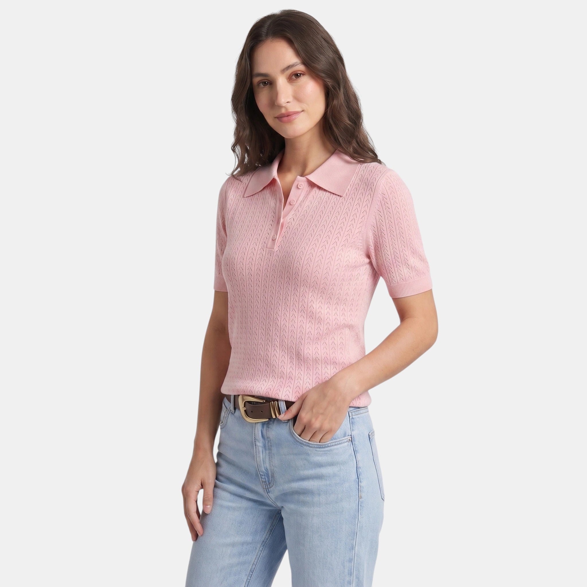 Pointelle Knit Polo Top with Button Placket