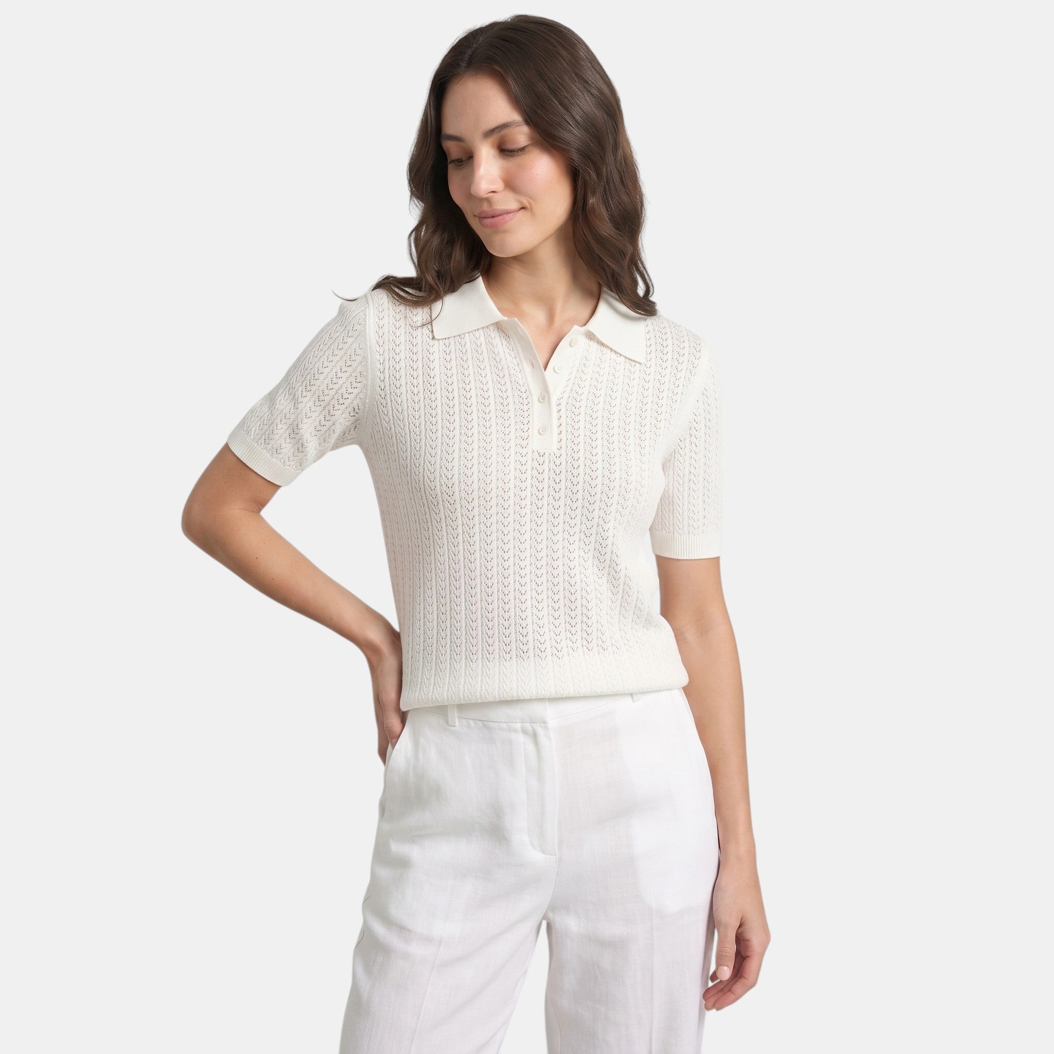 Pointelle Knit Polo Top with Button Placket