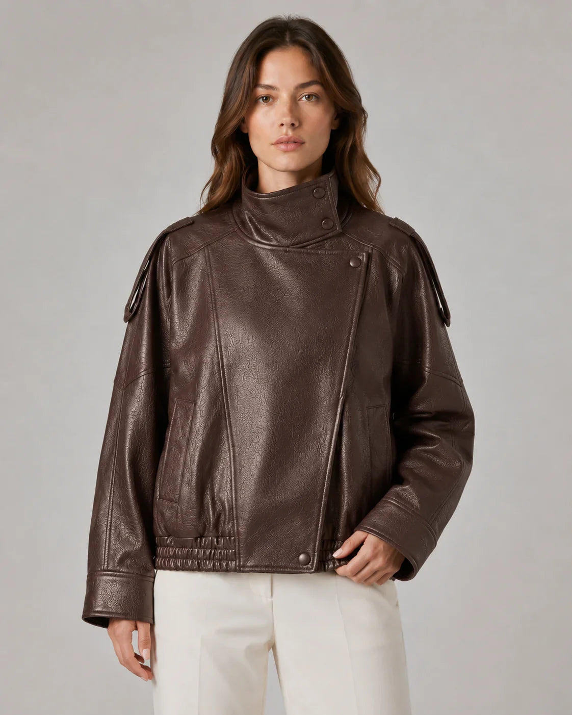 Women's High Collar Leather-Look Biker Jacket