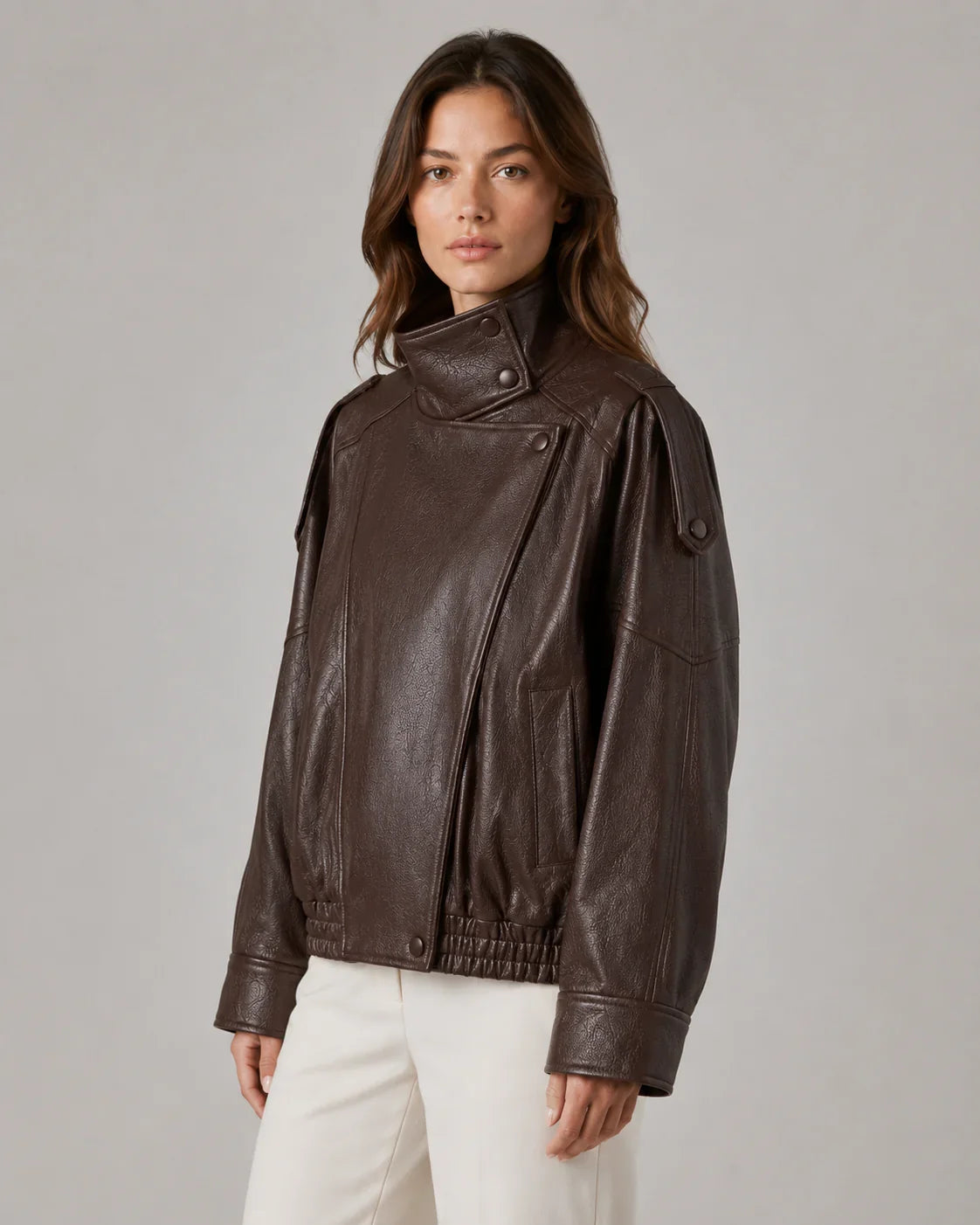 Women's High Collar Leather-Look Biker Jacket