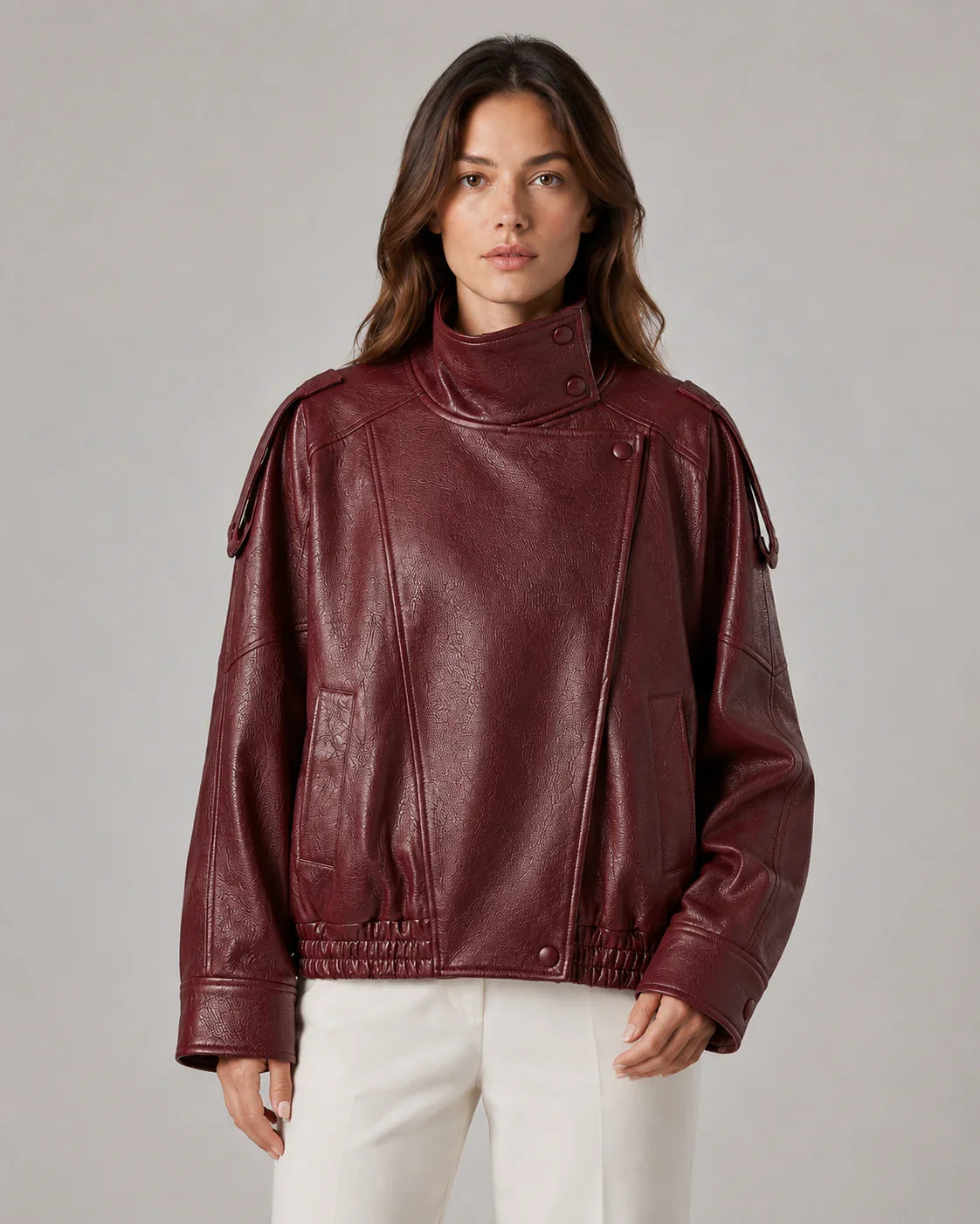 Women's High Collar Leather-Look Biker Jacket