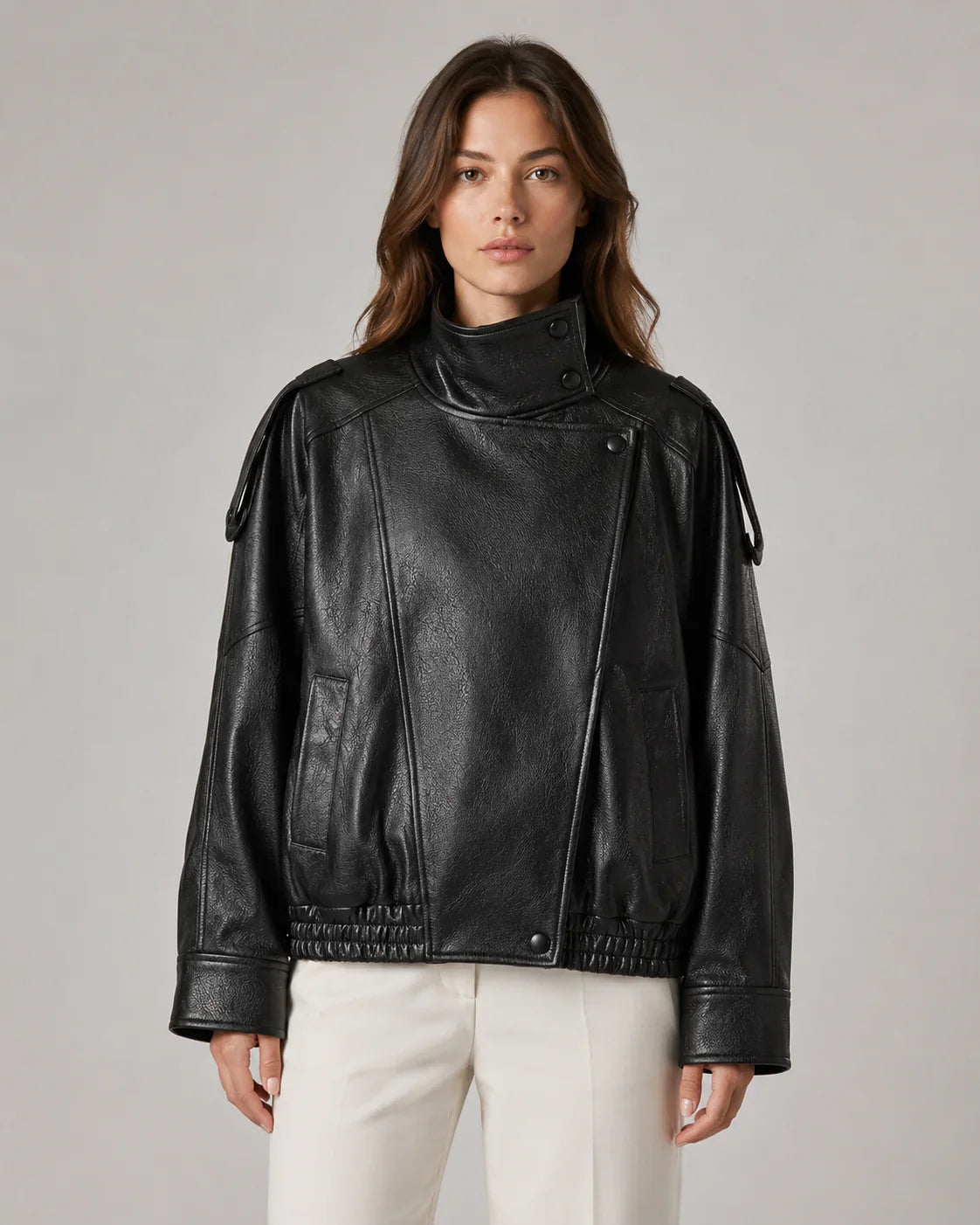 Women's High Collar Leather-Look Biker Jacket