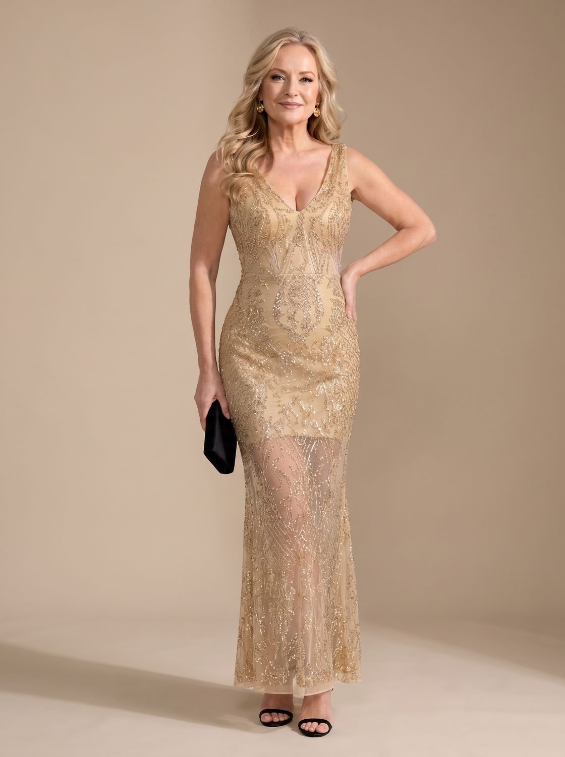 Robe de soirée longue à sequins pour femme | décolleté en V et ourlet transparent