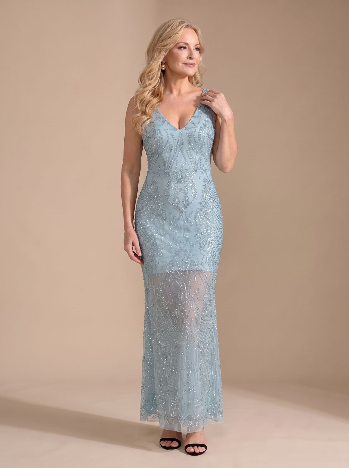 Robe de soirée longue à sequins pour femme | décolleté en V et ourlet transparent