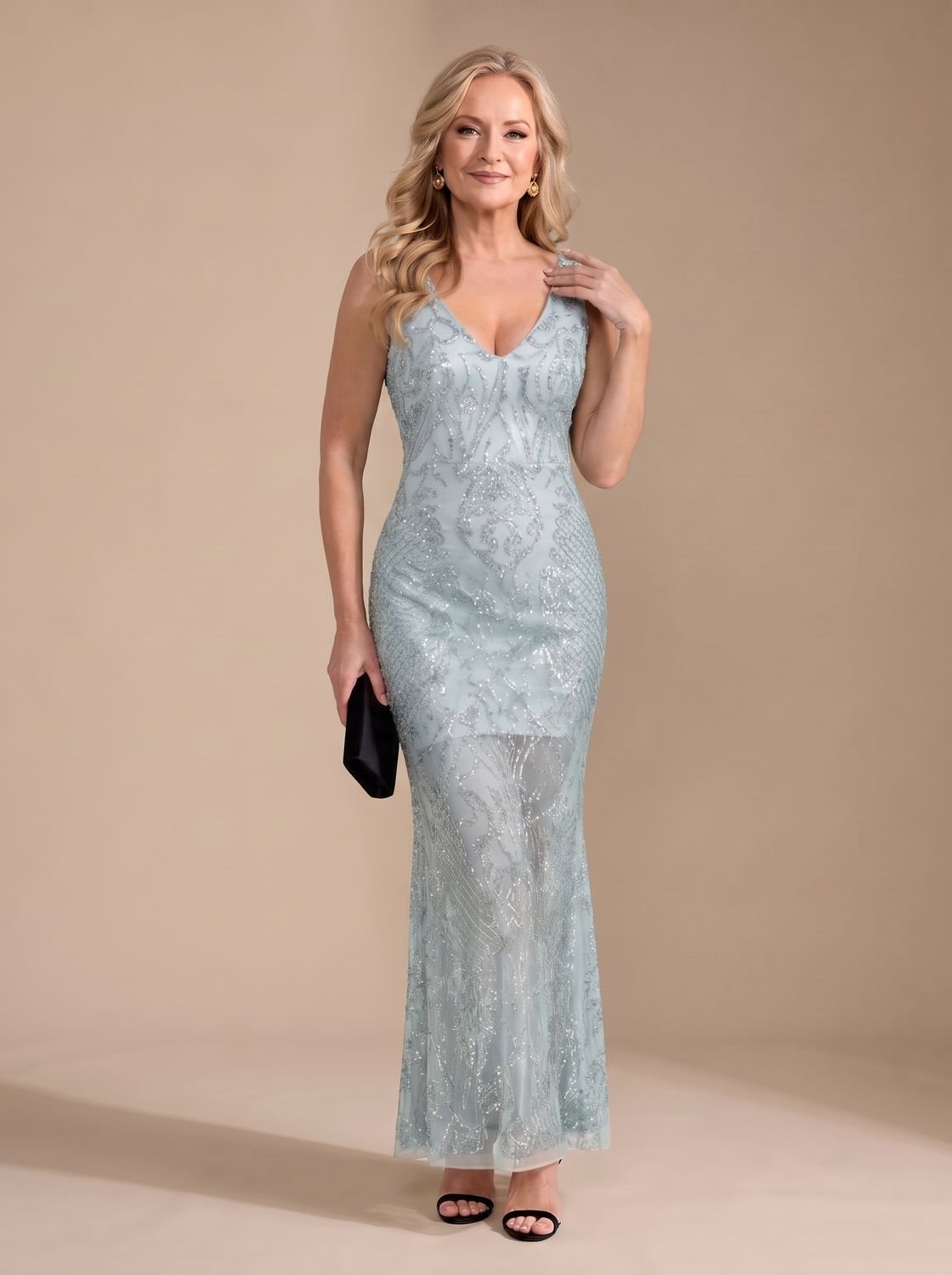 Robe de soirée longue à sequins pour femme | décolleté en V et ourlet transparent