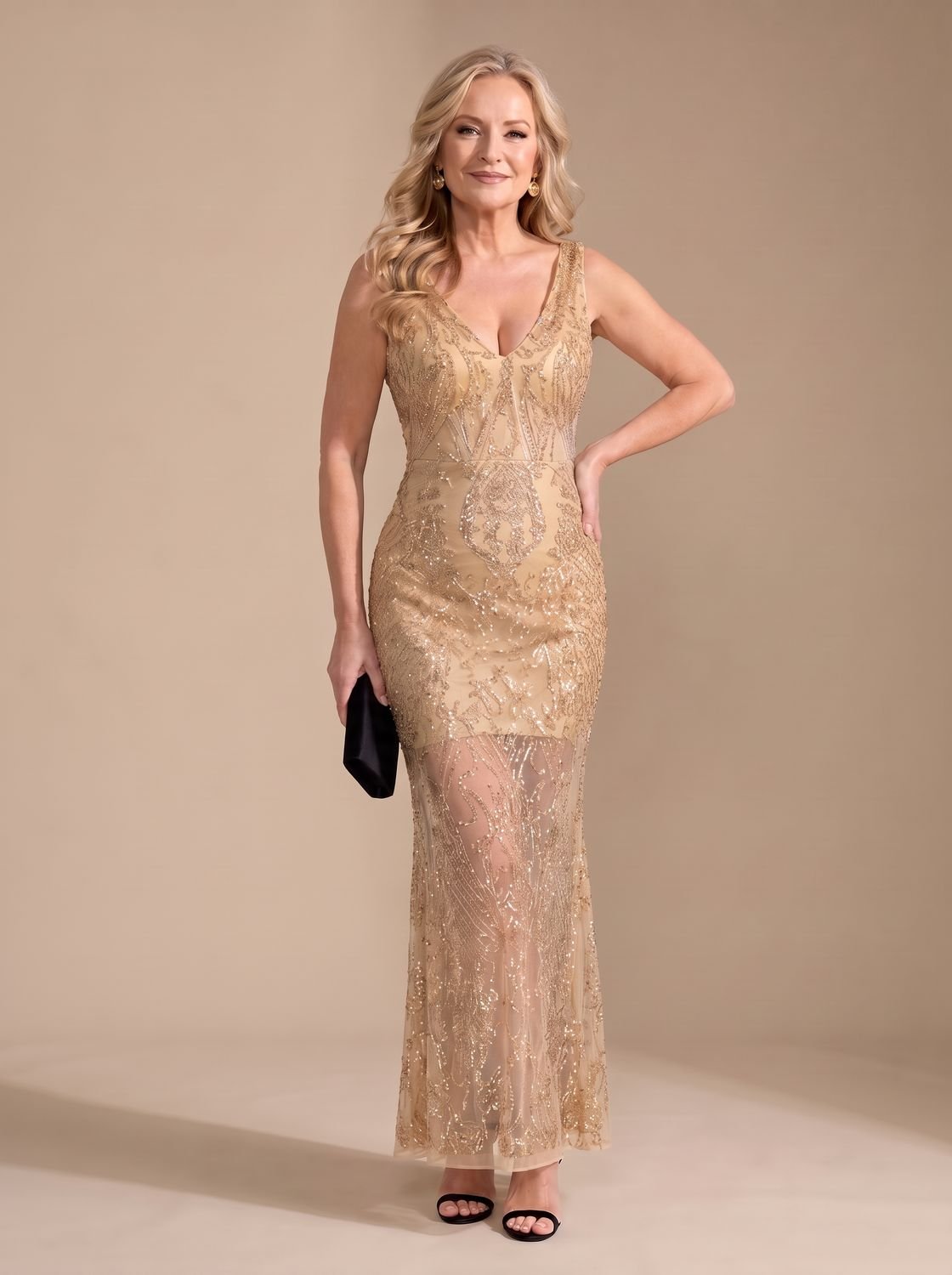 Robe de soirée longue à sequins pour femme | décolleté en V et ourlet transparent