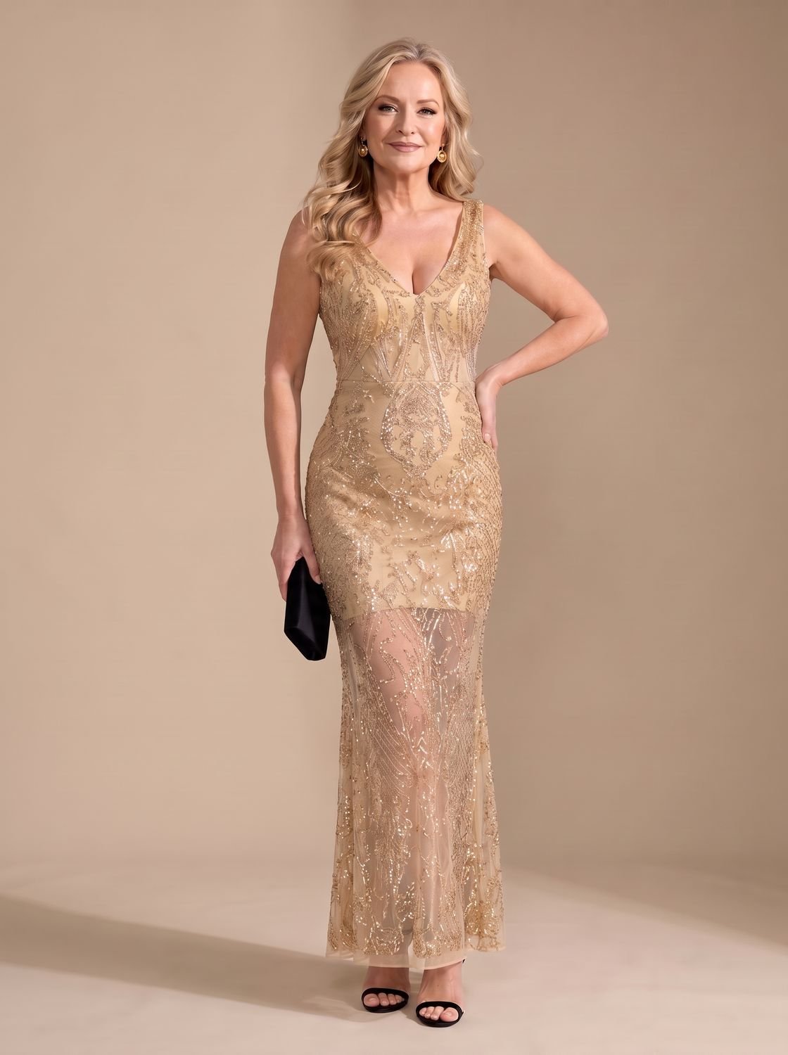Robe de soirée longue à sequins pour femme | décolleté en V et ourlet transparent