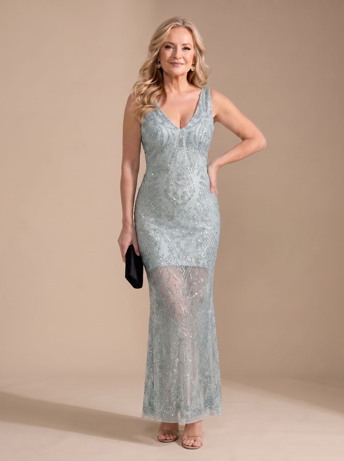 Robe de soirée longue à sequins pour femme | décolleté en V et ourlet transparent