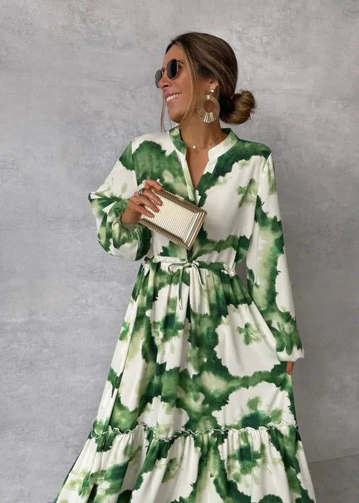 Women's Green Print Maxi Dress with Tie Waist