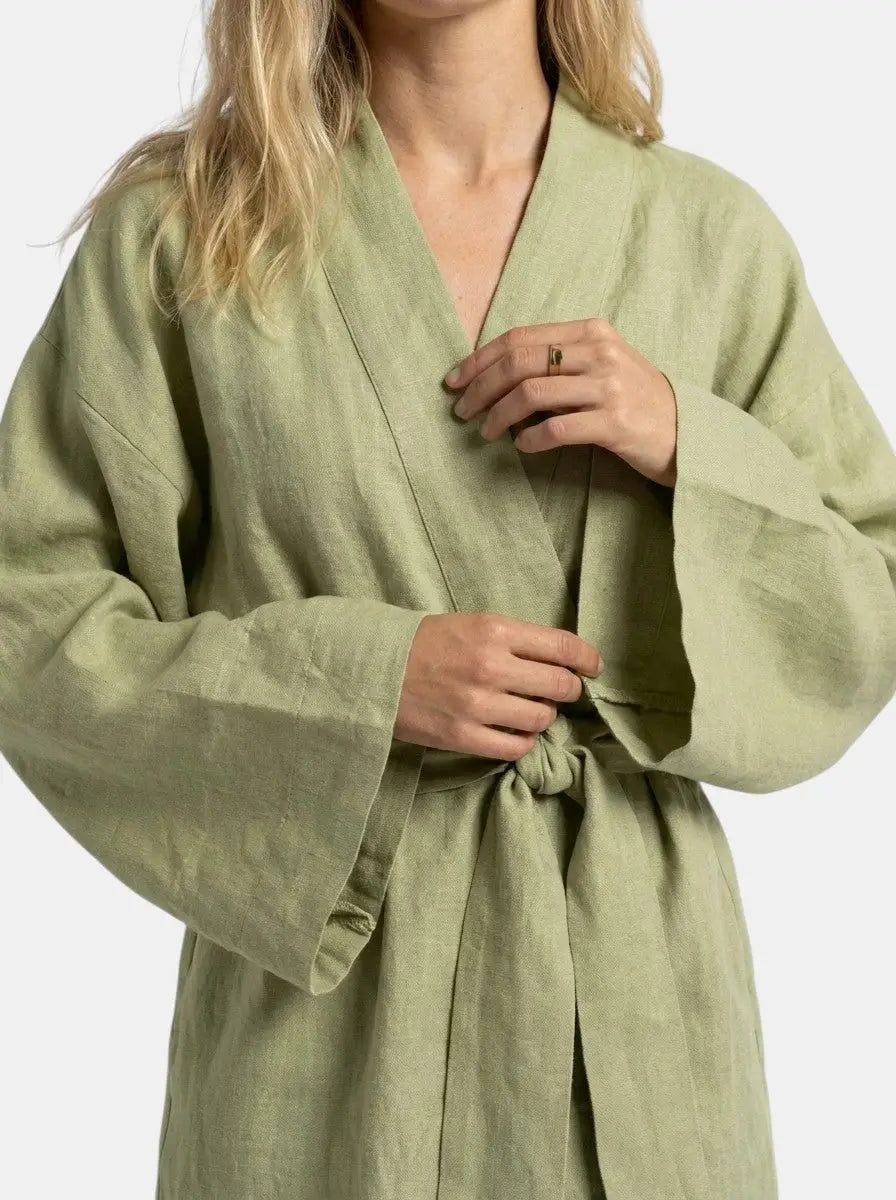 Linen Kimono Dress with Wide Sleeves and Tie Waist
