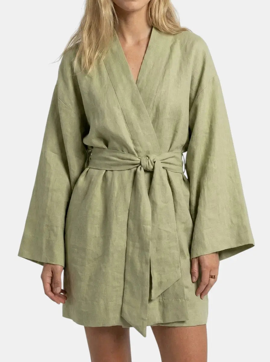 Linen Kimono Dress with Wide Sleeves and Tie Waist