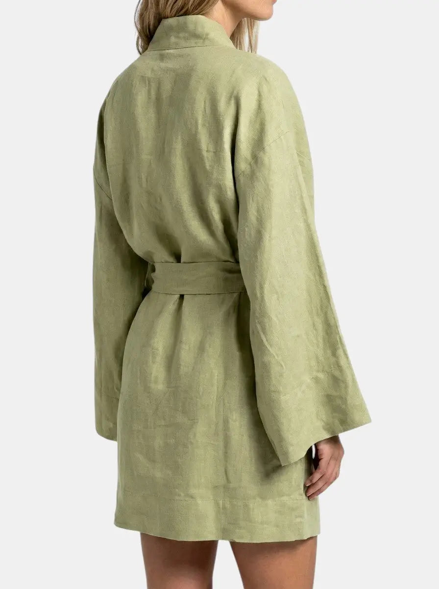 Linen Kimono Dress with Wide Sleeves and Tie Waist