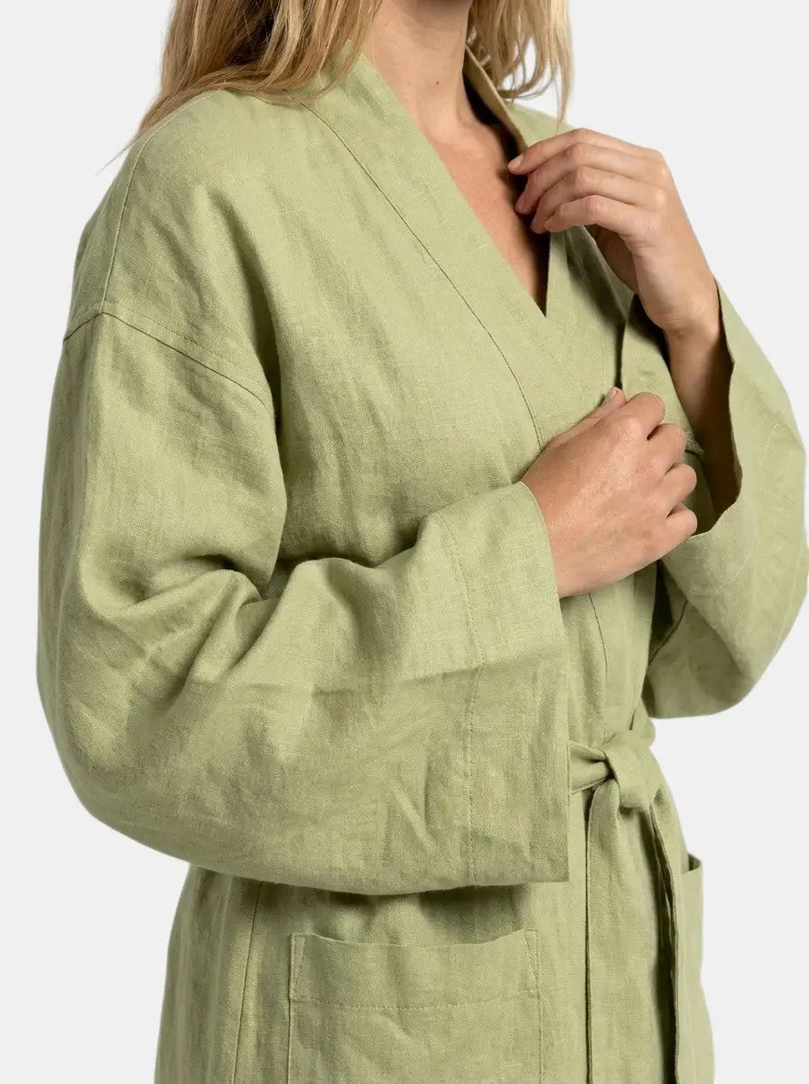 Linen Kimono Dress with Wide Sleeves and Tie Waist