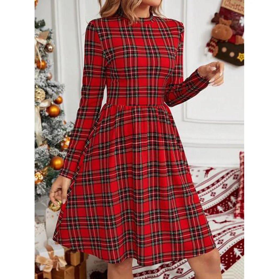 Robe de Noël à carreaux rouges pour femme | Robe midi à col montant