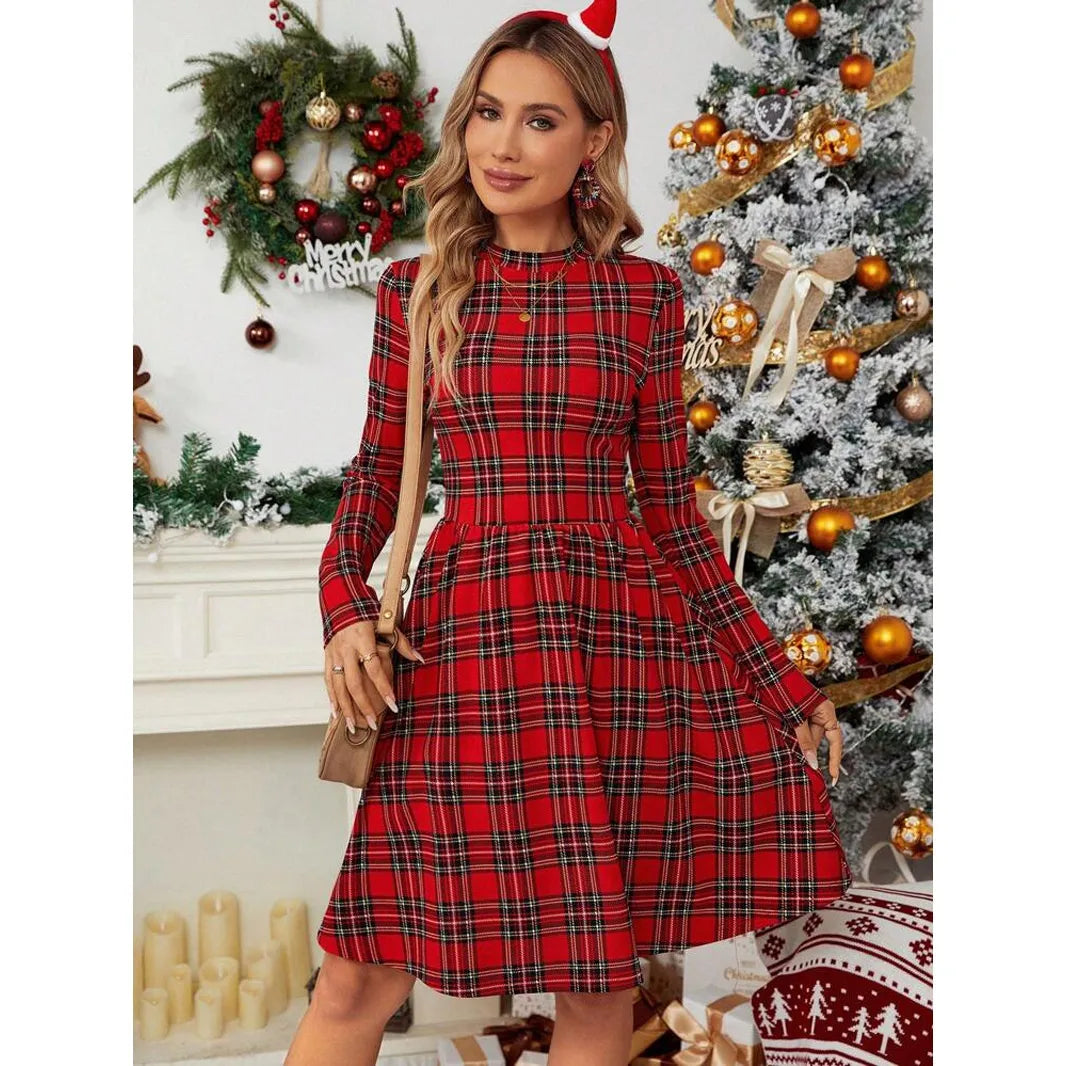 Robe de Noël à carreaux rouges pour femme | Robe midi à col montant