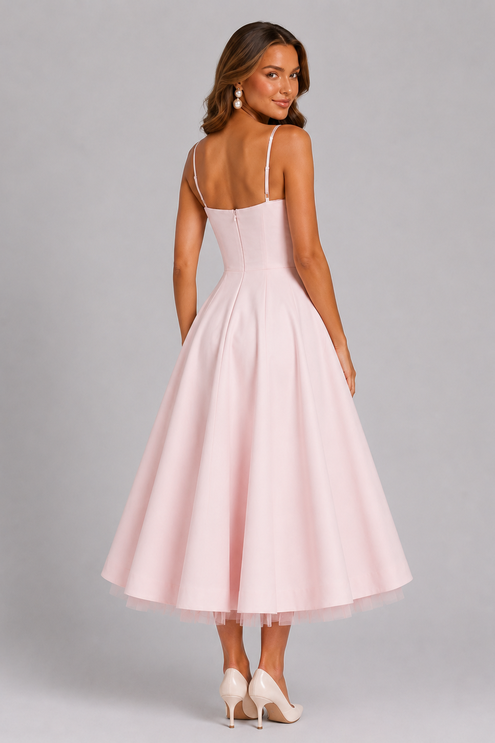 Satin Midi Dress with Sweetheart Neckline and Full Skirt