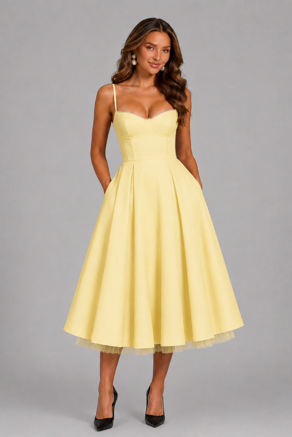 Satin Midi Dress with Sweetheart Neckline and Full Skirt