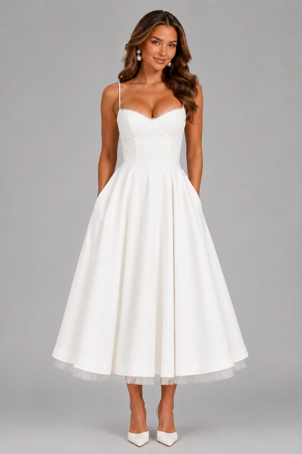 Satin Midi Dress with Sweetheart Neckline and Full Skirt