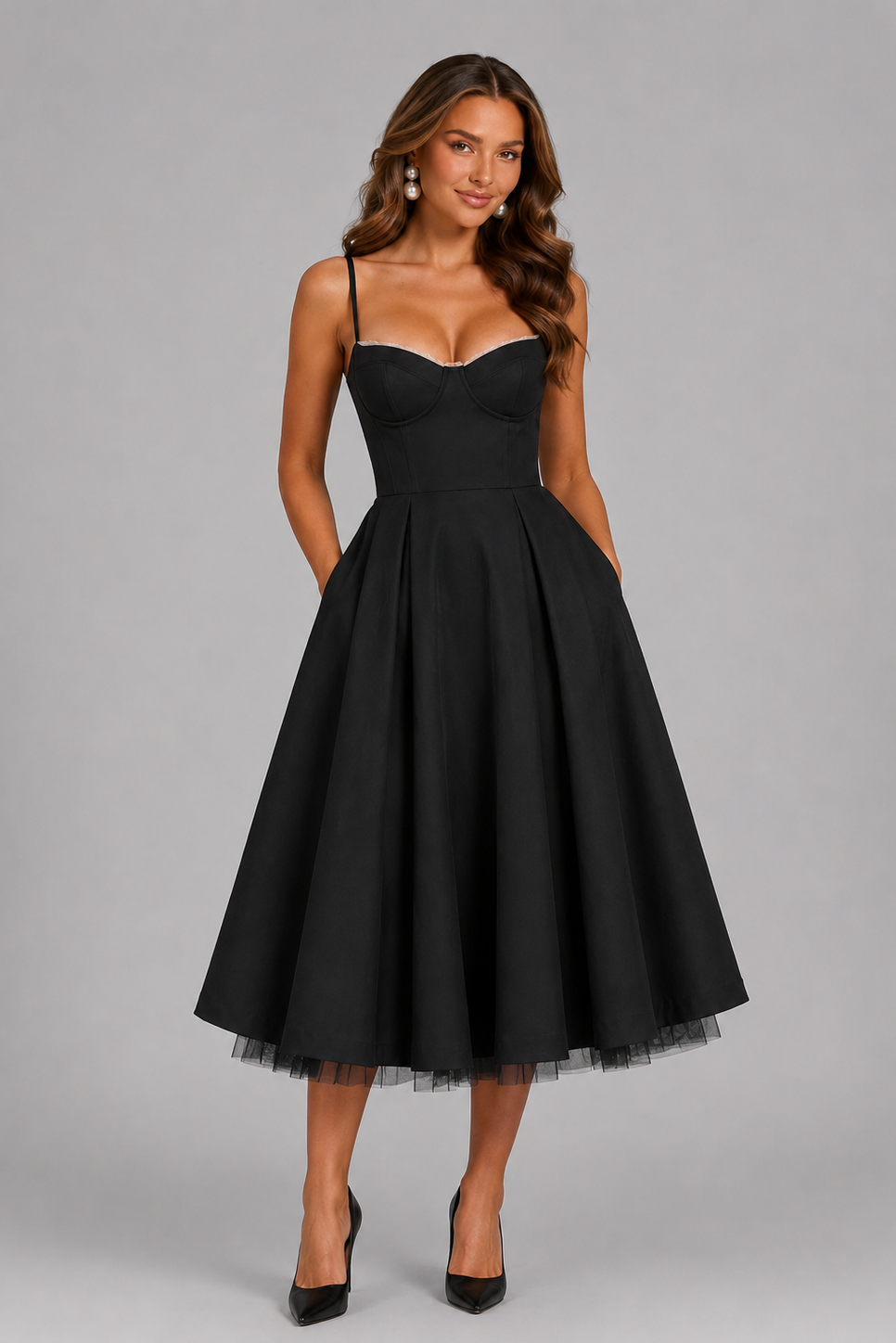 Satin Midi Dress with Sweetheart Neckline and Full Skirt