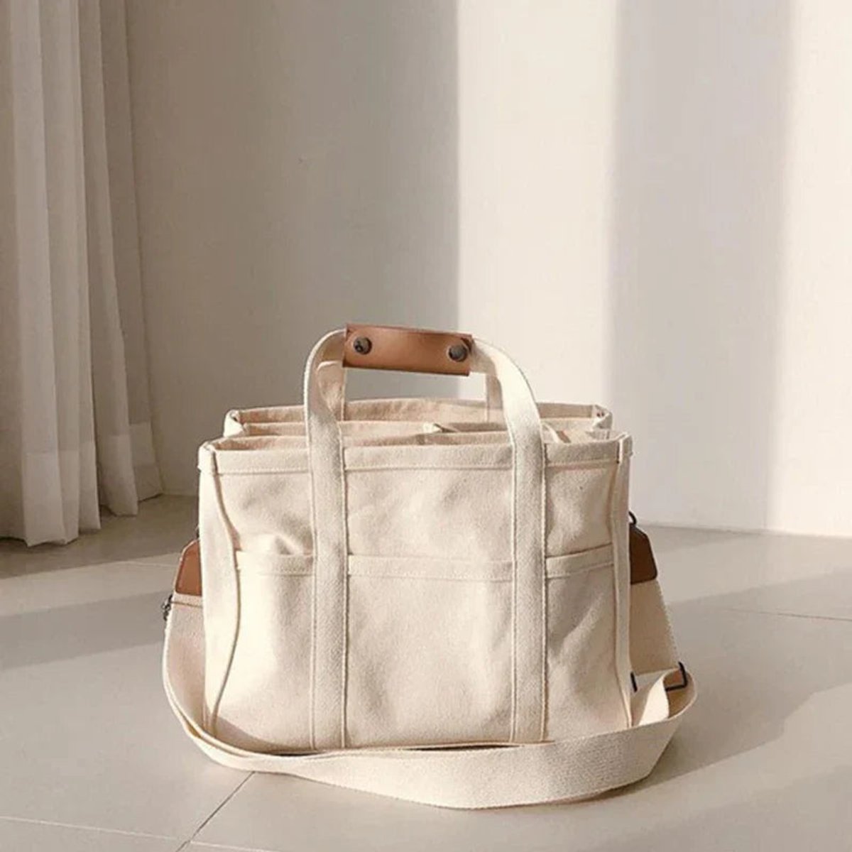 Women's Large Capacity Canvas Tote Bag with Multiple Pockets